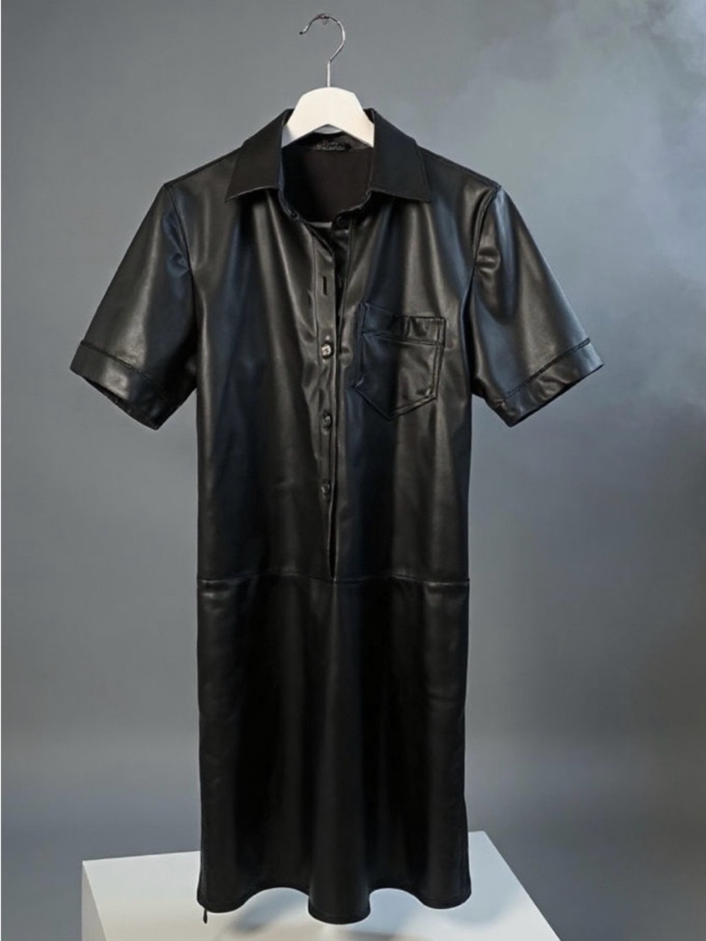 Black Tape_ Black Faux Leather Mini Dress